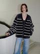 Vitality Girl Classic Simple Versatile Striped Splicing V-neck Drop Shoulder Merino Sheepskin Coat