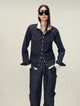 Vintage raw cotton and linen custom red copper rivet lapel pleated waist slim shirt "Daydream Blue"