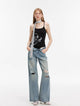 "Gray and Denim" stylish and personalized Turkish washed retro distressed holes straight flared jeans