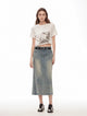 "Dawn Denim" retro old enzyme washed mid-low waist slim fishtail flared slim denim skirt