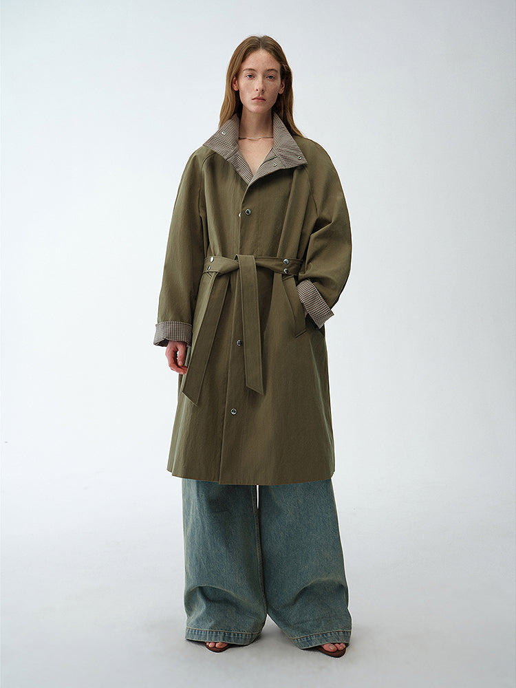 "Urban Island" Retro Plaid Mid-Length Workwear Lapel Trench Coat