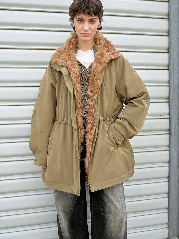 "Amber Pine Forest" fashionable Toka curly collar 90 goose down H-type drawstring mid-length parka down jacket