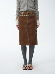 "Early Spring Sun" Retro Distressed Flocked Denim Straight Skirt Side Zipper Slit Skirt