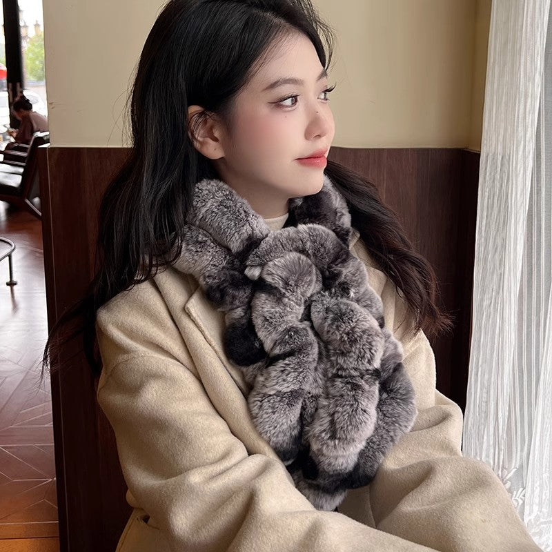 Fur Scarf Women's Winter Rex Rabbit Fur Scarf Warm Thickened Double-Sided Long Neck Sleeve