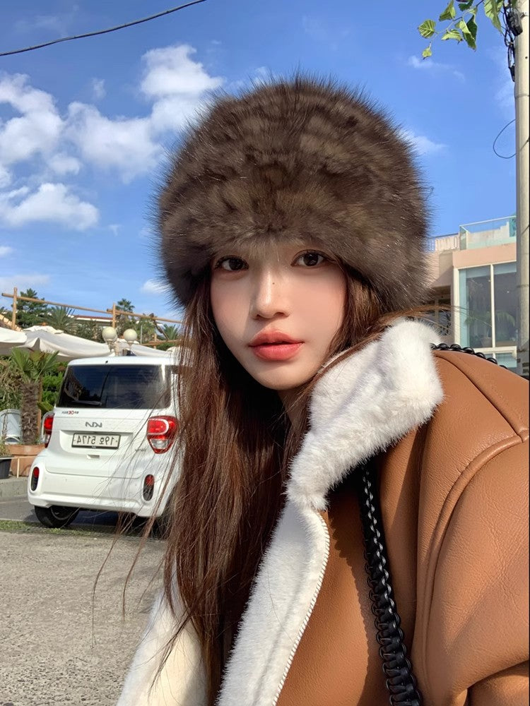 Mink Fur Knit Fur Hat with Elastic Headband and Ear Protection for Women – Reversible Genuine Mink Fur Winter Hat