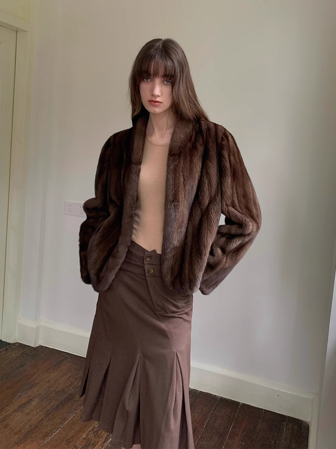 Warm coffee mink retro imported stand collar short mink fur coat