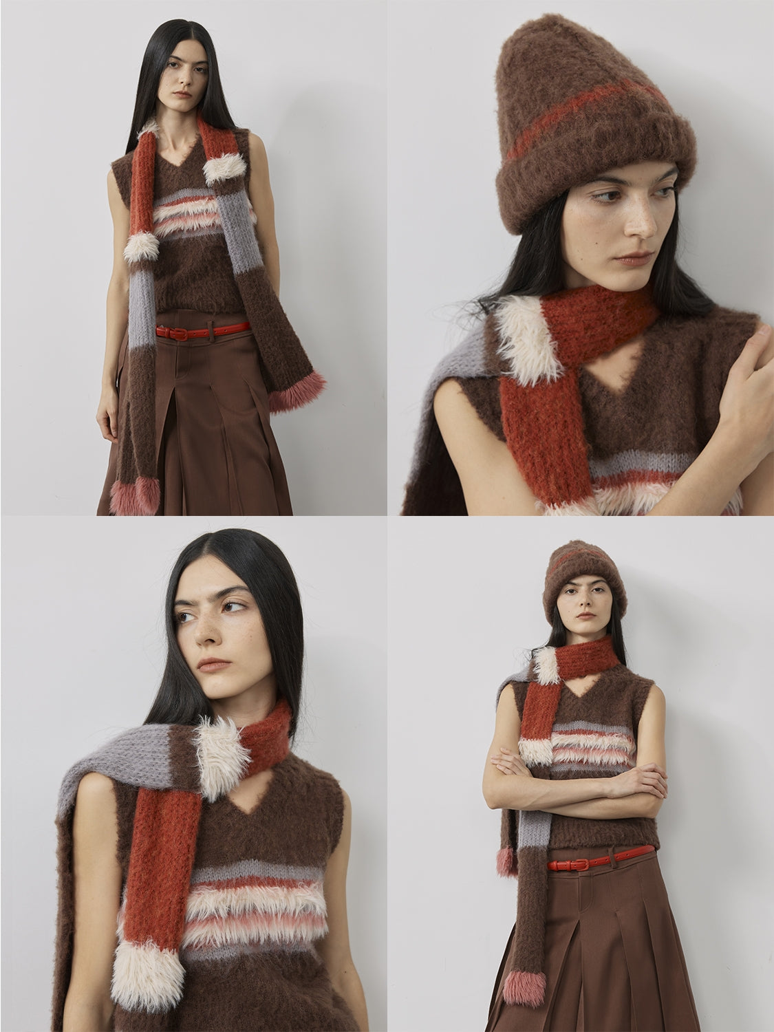 Ambiance Bowler Hat Mohair Wool Blend Vintage Colorblock Knit Hat Scarf Set