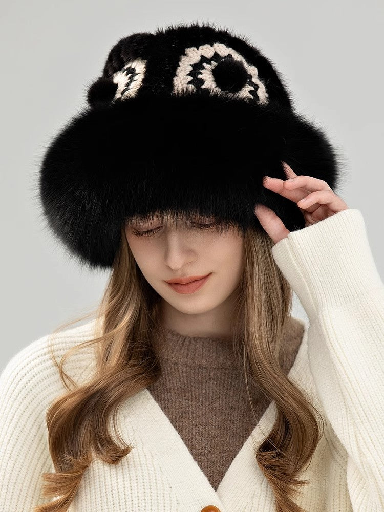 Ethnic style mink warm ear protection fox fur bucket hat