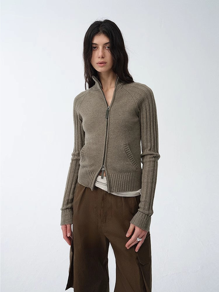 "Senna Melody" oblique placket fine merino wool and cotton blend zipper knitted cardigan top for women