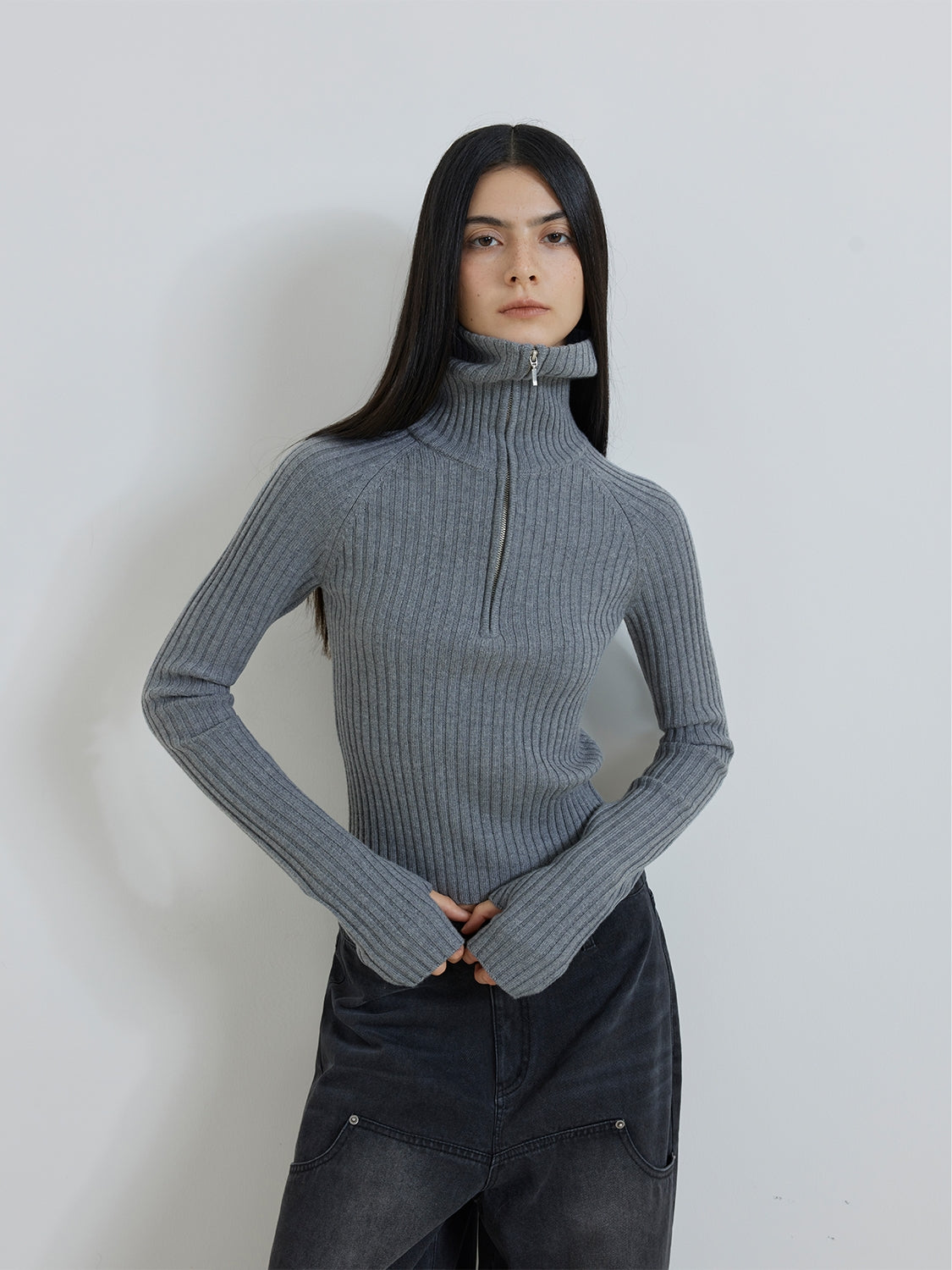 Merino wool stretch ribbed zip-up sweater "Fallen Leaf Street"