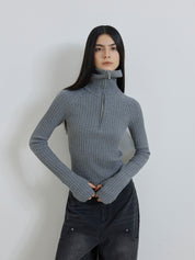 Merino wool stretch ribbed zip-up sweater "Fallen Leaf Street"