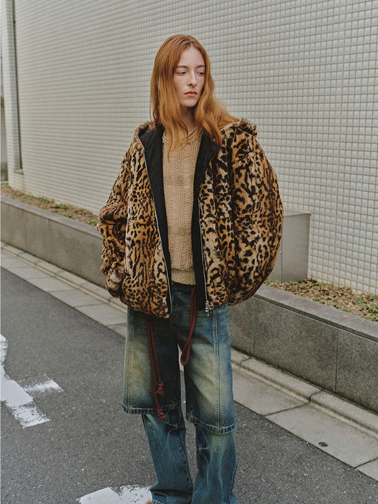 "Leopard Fantasy" Leopard Spot Print Reversible Drop Shoulder Hooded Custom Rabbit Fur Coat