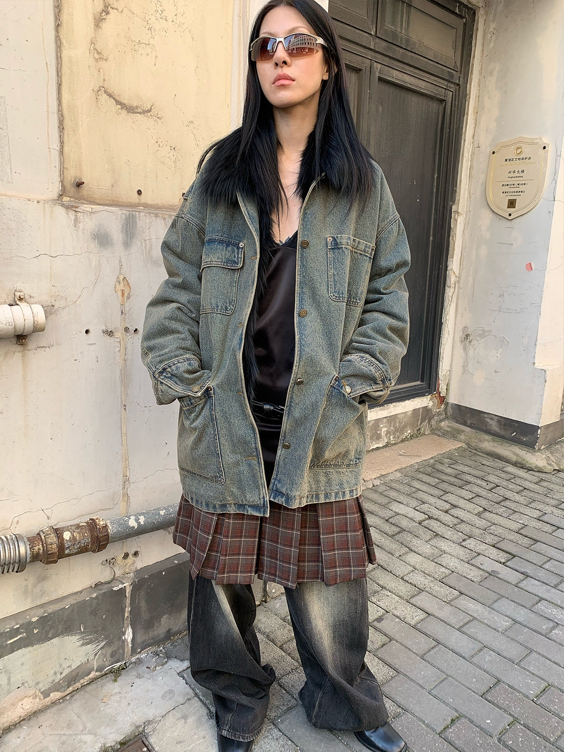 "Kuila" workwear denim fox fur lining detachable parka coat