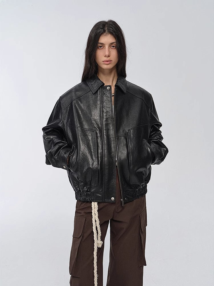 "Fashionable Luke" imported waxed sheepskin leather retro work jacket coat for women