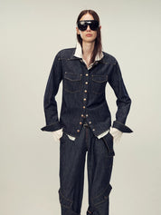 Vintage raw cotton and linen custom red copper rivet lapel pleated waist slim shirt "Daydream Blue"