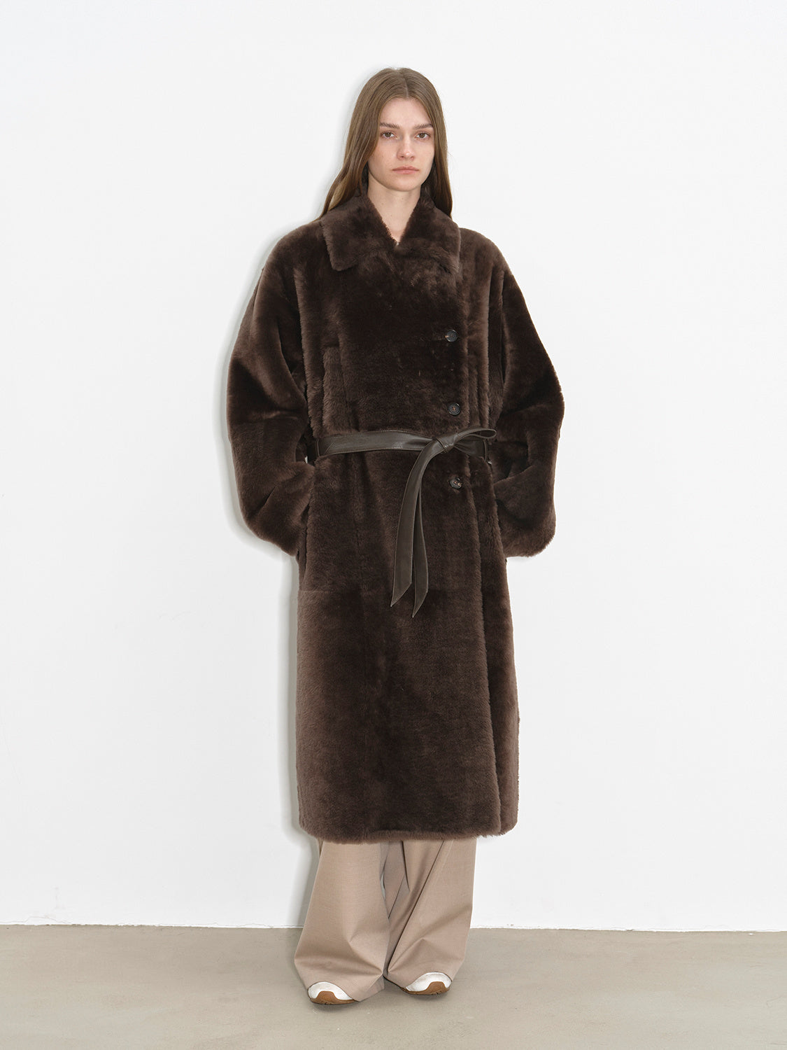 "Mocha Phantom" Merino wool dropped shoulder long asymmetric placket sheepskin coat