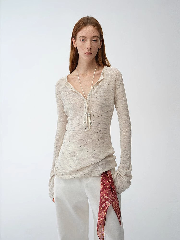 "Perry Moonlight" fashionable cotton and linen beaded fancy yarn waisted bell sleeves round neck cardigan knitted top