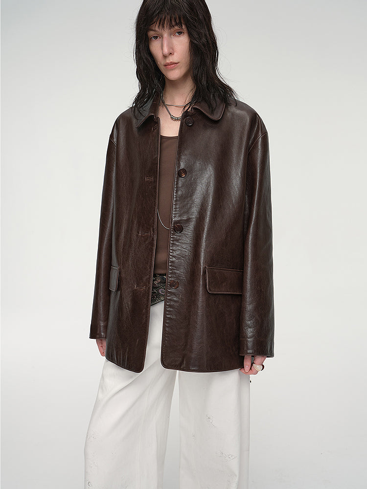 "Fashionable Kuoxi" goatskin simple and versatile retro suit-style leather windbreaker jacket