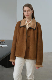 "Knight's Contract" Merino wool sheepskin coat with fur-faced stand-up collar