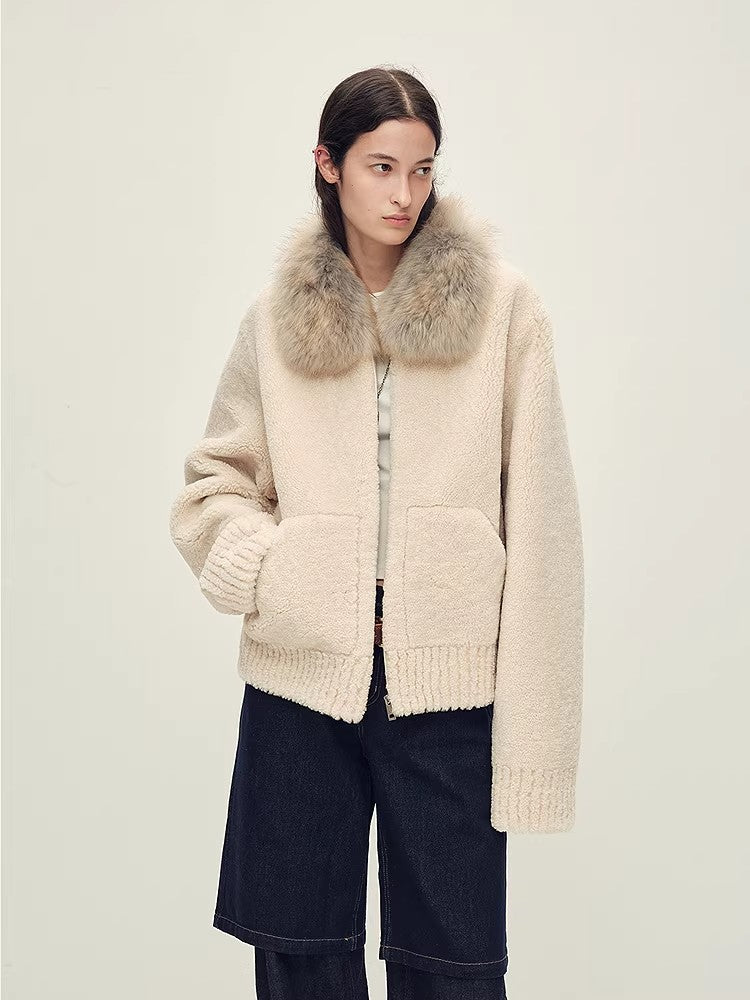 Firelady Fur Women's Merino Shearling Coat | Layered Patch-Dyed Raccoon Fur Collar“Hokkaido Melody”
