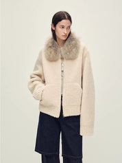 Firelady Fur Women's Merino Shearling Coat | Layered Patch-Dyed Raccoon Fur Collar“Hokkaido Melody”