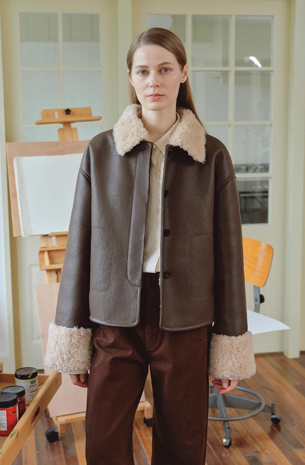"Slightly Sweet Latte Second Generation" Furry Lapel Wool Artificial Compound Leather Casual Straight Shearling Jacket