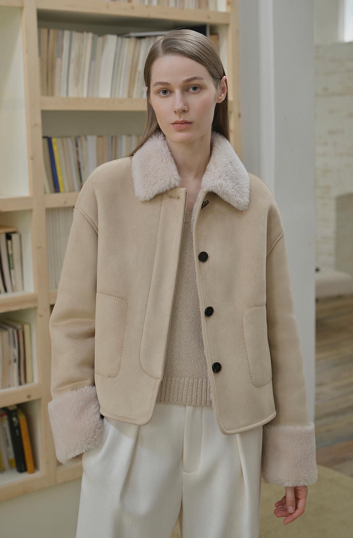 "Slightly Sweet Latte" Furry Lapel Wool Artificial Compound Suede Casual Straight Shearling Jacket