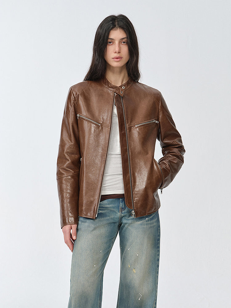 New Zealand imported waxed sheepskin/cowhide vintage motorcycle leather jacket "Manhattan Dark Night"