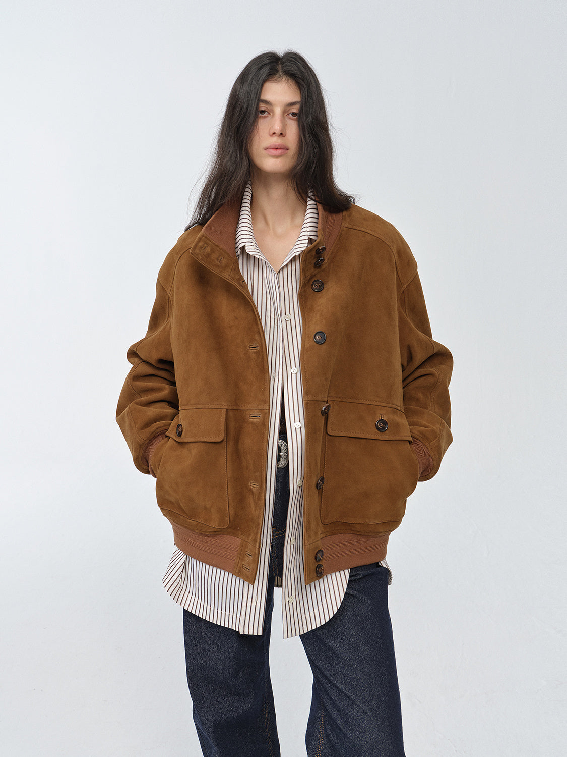 Vintage imported suede sheepskin leather ribbed patchwork jacket "Spring Whisper"