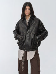 "New York International Student" Retro and fashionable imported waxed sheepskin leather bomber jacket