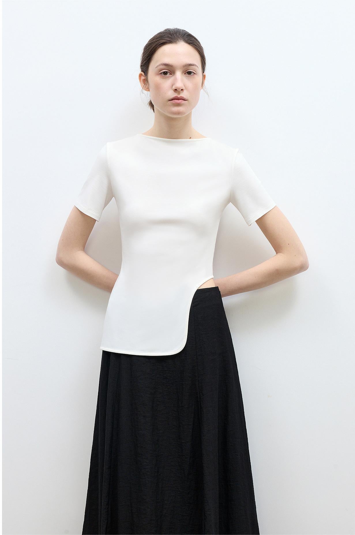 Letrans Women's Asymmetrical Hem T-Shirt - Short Sleeve Top “Architectural Principles”