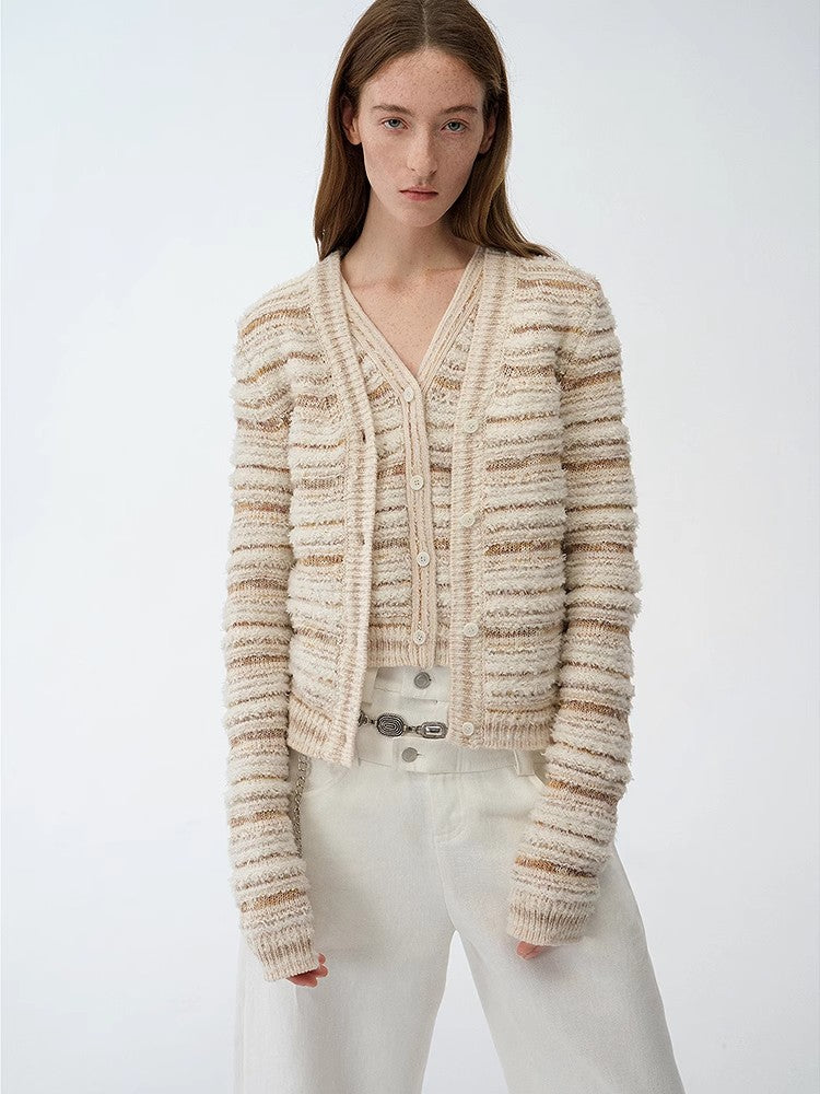 "Nice Weekend" striped mixed woven V-neck early spring layered knitted cardigan top