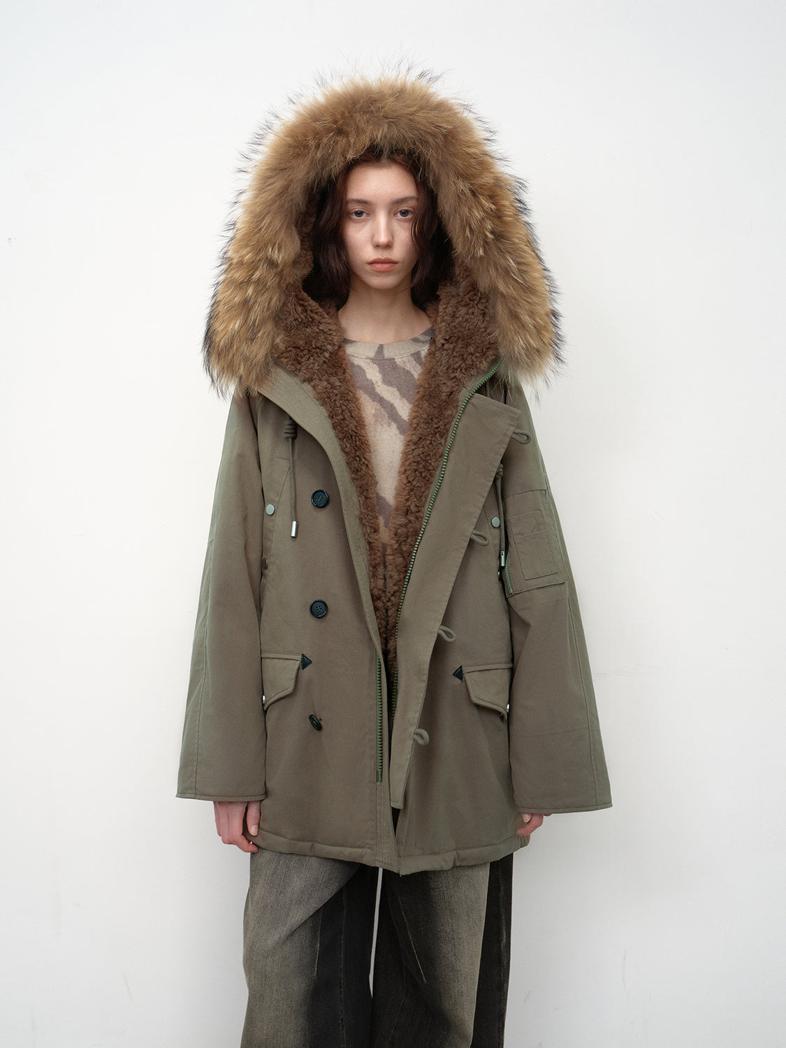 "Coastal Highway II" Hooded Raccoon Fur Collar 90% Duck Down Sheep Shearling Lined Down Parker