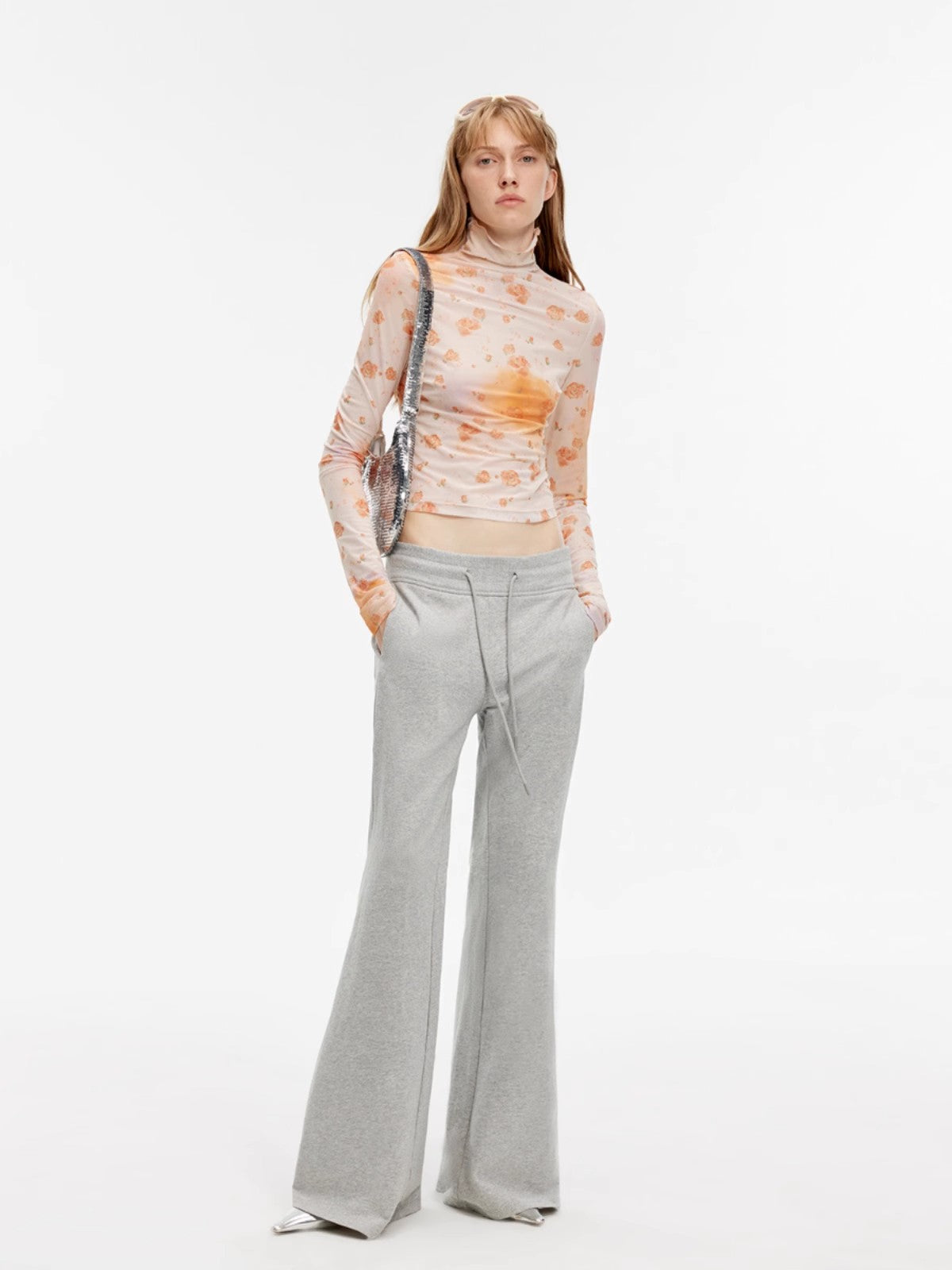 "American High Street" air-spun OE cotton fashionable low-rise fit wide waist drawstring flared pants