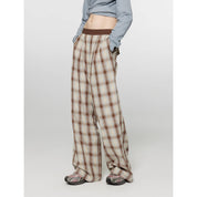 "Patchwork Street Corner" Dyed Retro Plaid Casual Pants for Women, Elastic Waist, Straight-Leg, Wide-Leg Long Trousers