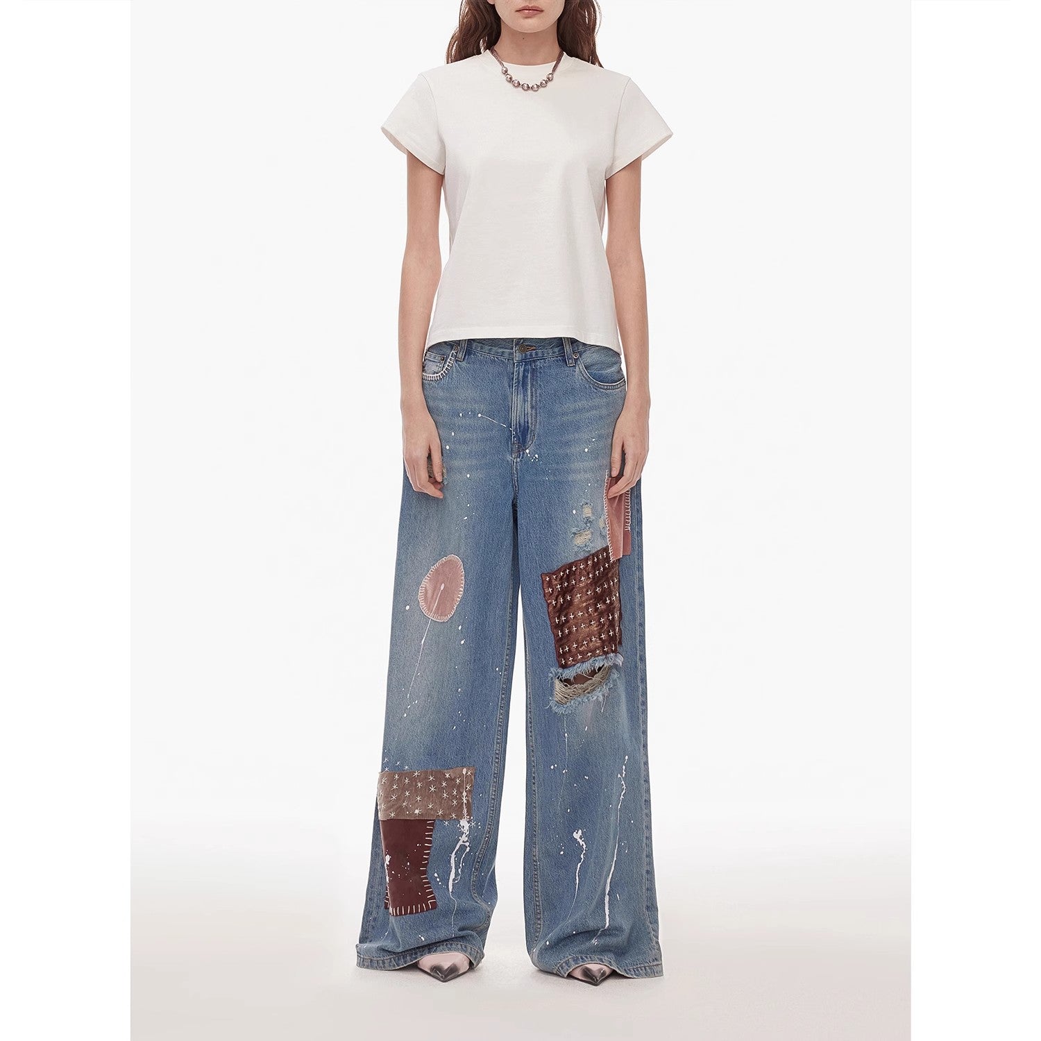 "Uninhibited splicing" retro design mid-low waist washed ripped hole splattered paint cloth patch wide-leg jeans