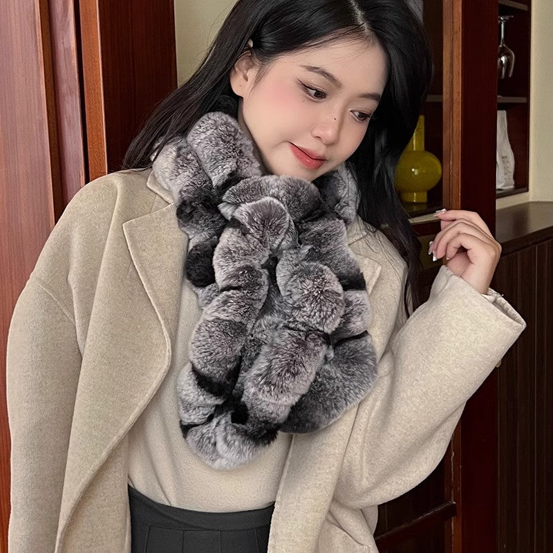 Fur Scarf Women's Winter Rex Rabbit Fur Scarf Warm Thickened Double-Sided Long Neck Sleeve