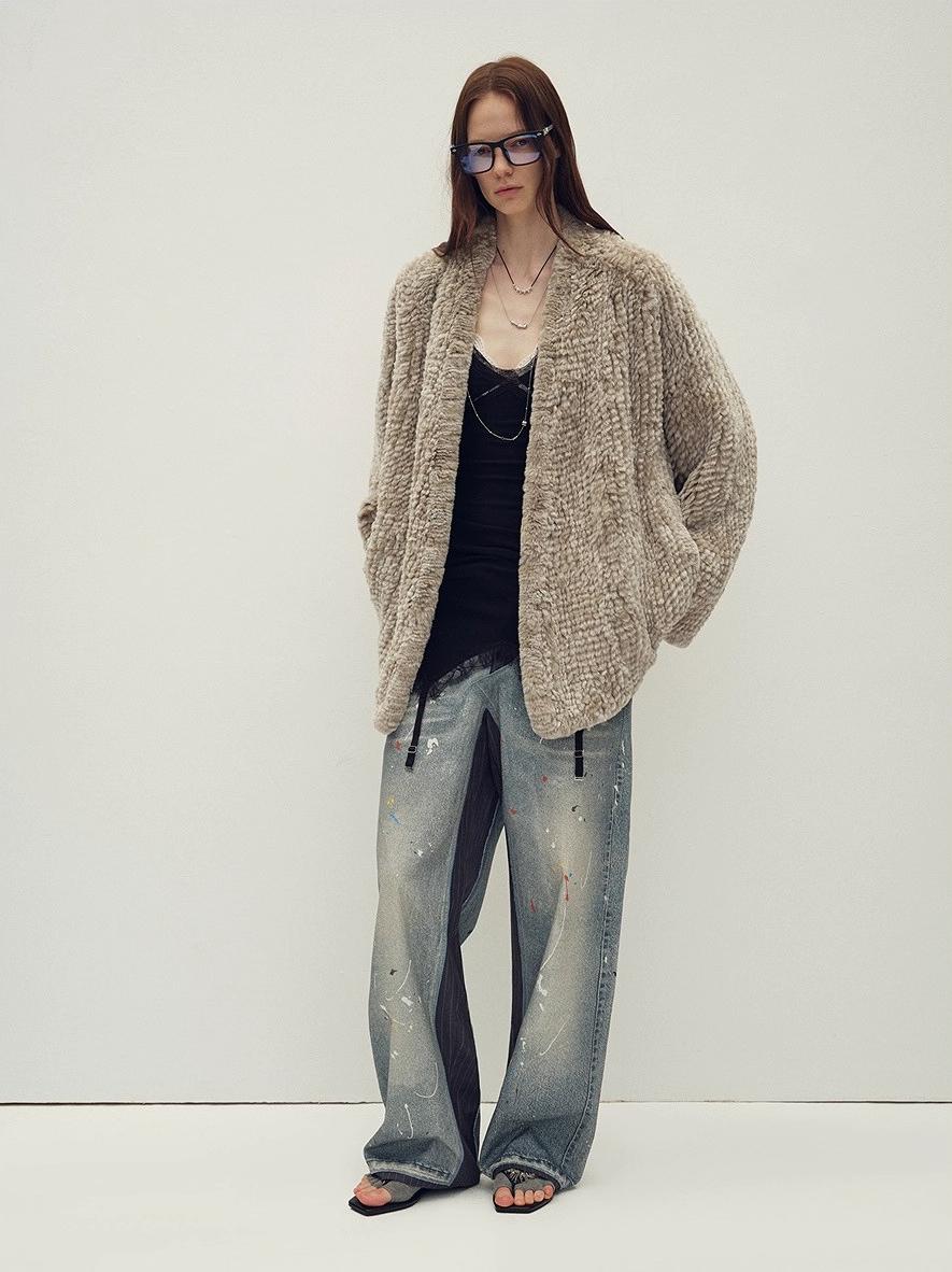 Loose-fitting two-tone gradient-dyed long woven Rex rabbit fur coat "Artistic Weaving"
