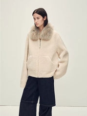 Firelady Fur Women's Merino Shearling Coat | Layered Patch-Dyed Raccoon Fur Collar“Hokkaido Melody”