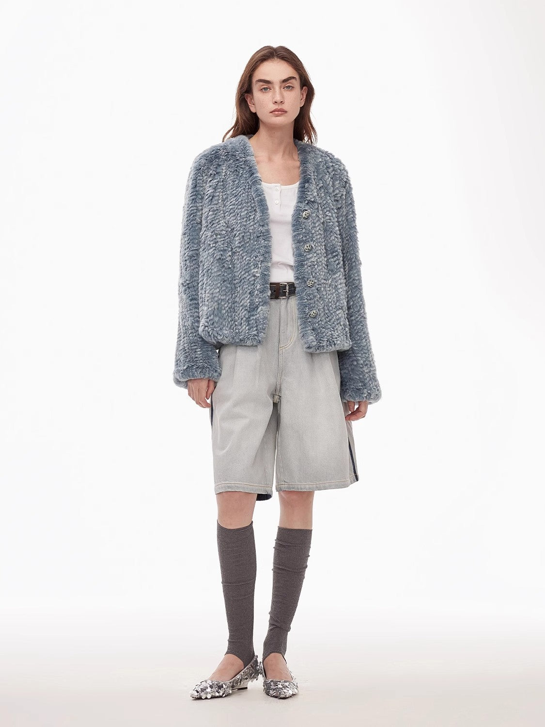 "Masked Denim" fashionable lazy hand-dyed V-neck H-shaped short woven Rex rabbit fur coat