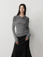 "Modern Tricks" personalized layered Tencel wool fake two-piece splicing one-shoulder versatile knitted top