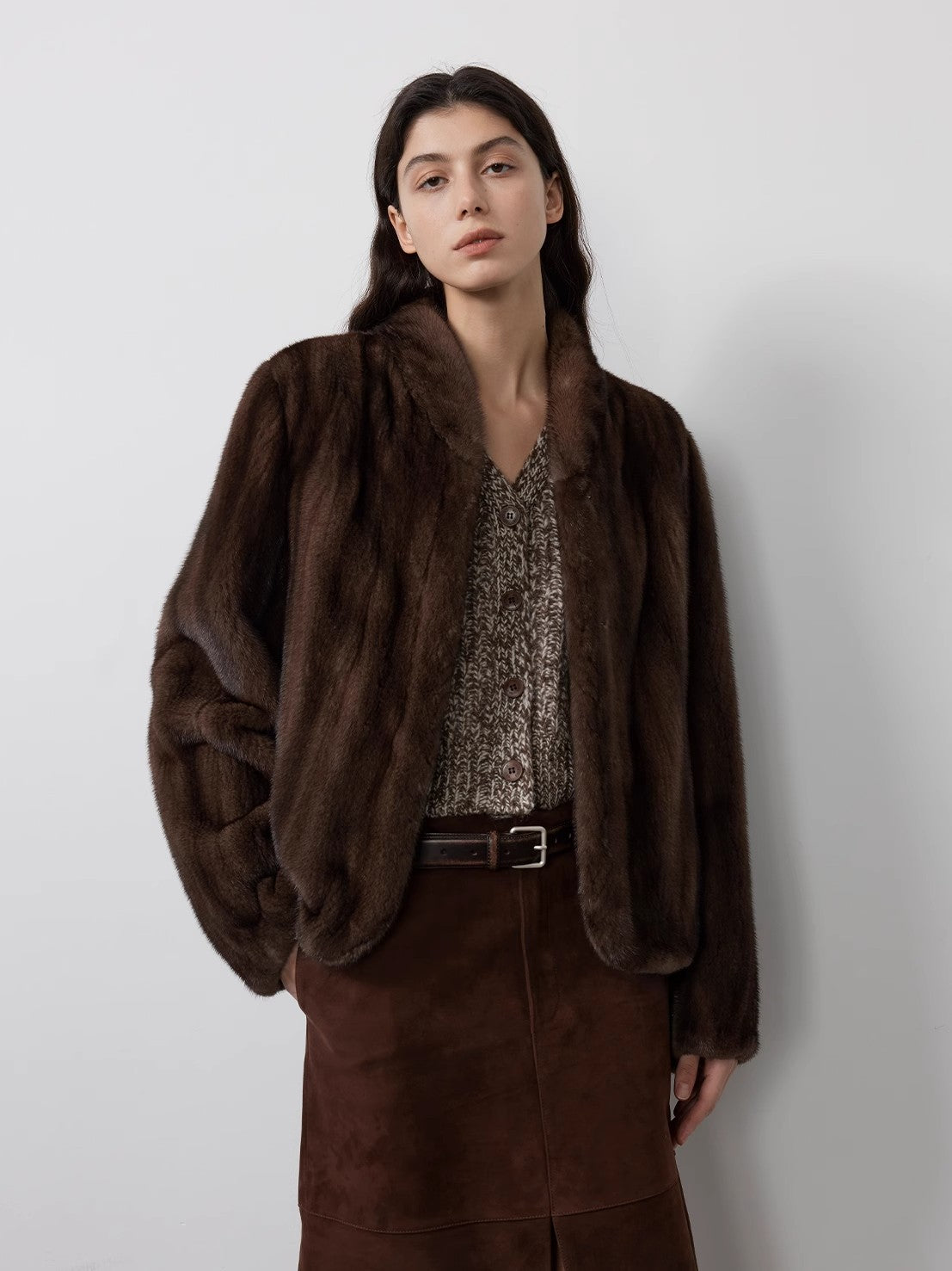 Warm coffee mink retro imported stand collar short mink fur coat