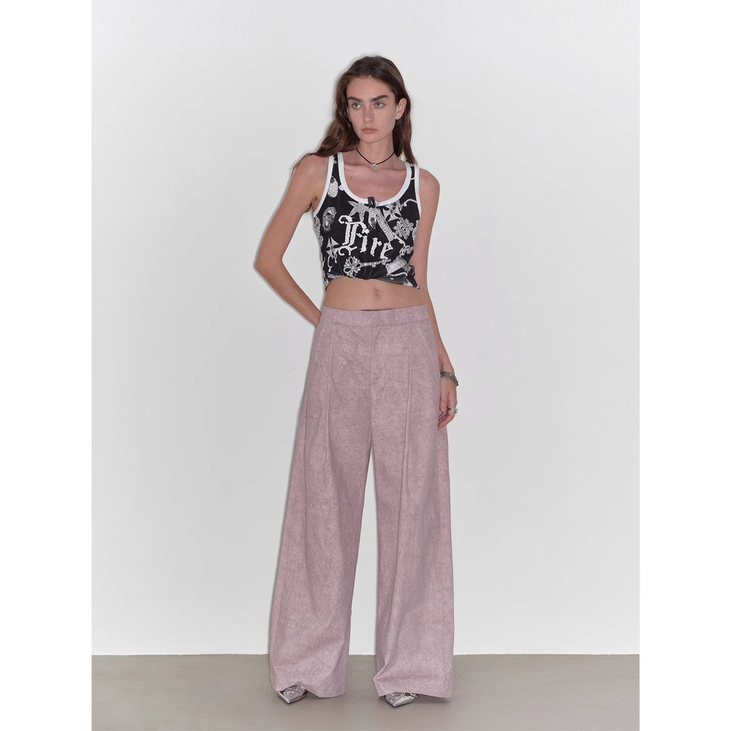 "Light and Shadow Walking" Retro Fashionable Dirty Printed Reverse-Fold Mid-Low-Waist Double-pleat Straight-leg Wide-Leg Casual Pants