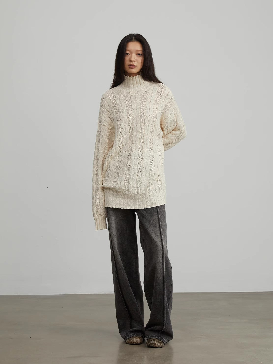 Warm family Jacquard Loose Straight Turtleneck Knit Sweater