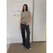 "Free to run away" miu style fake two-piece workwear micro-flared casual pants low-waist slim zipper trousers for women