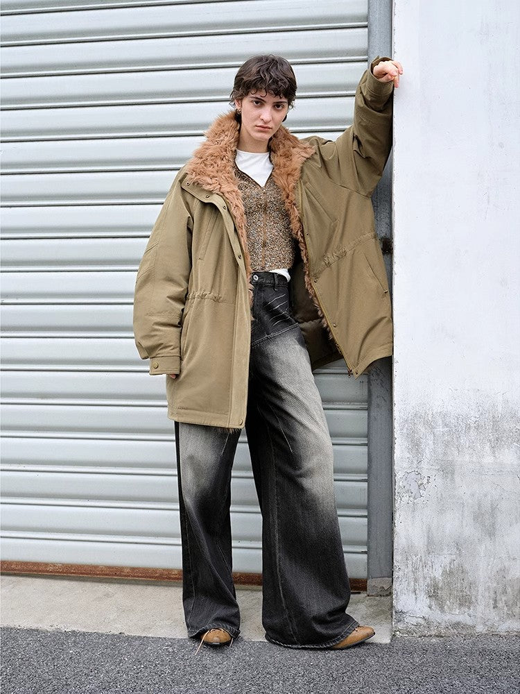 "Amber Pine Forest" fashionable Toka curly collar 90 goose down H-type drawstring mid-length parka down jacket