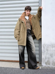 "Amber Pine Forest" fashionable Toka curly collar 90 goose down H-type drawstring mid-length parka down jacket