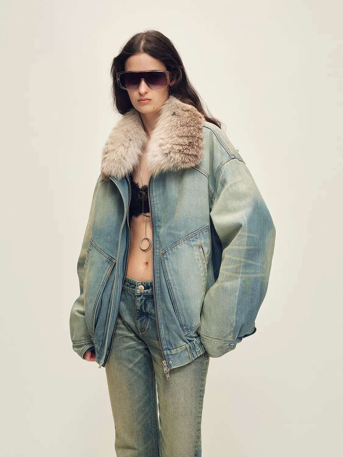Firelady Fur Women's Denim Parka with SAGAFURS Fox Fur Collar "Warm Mist Glass"