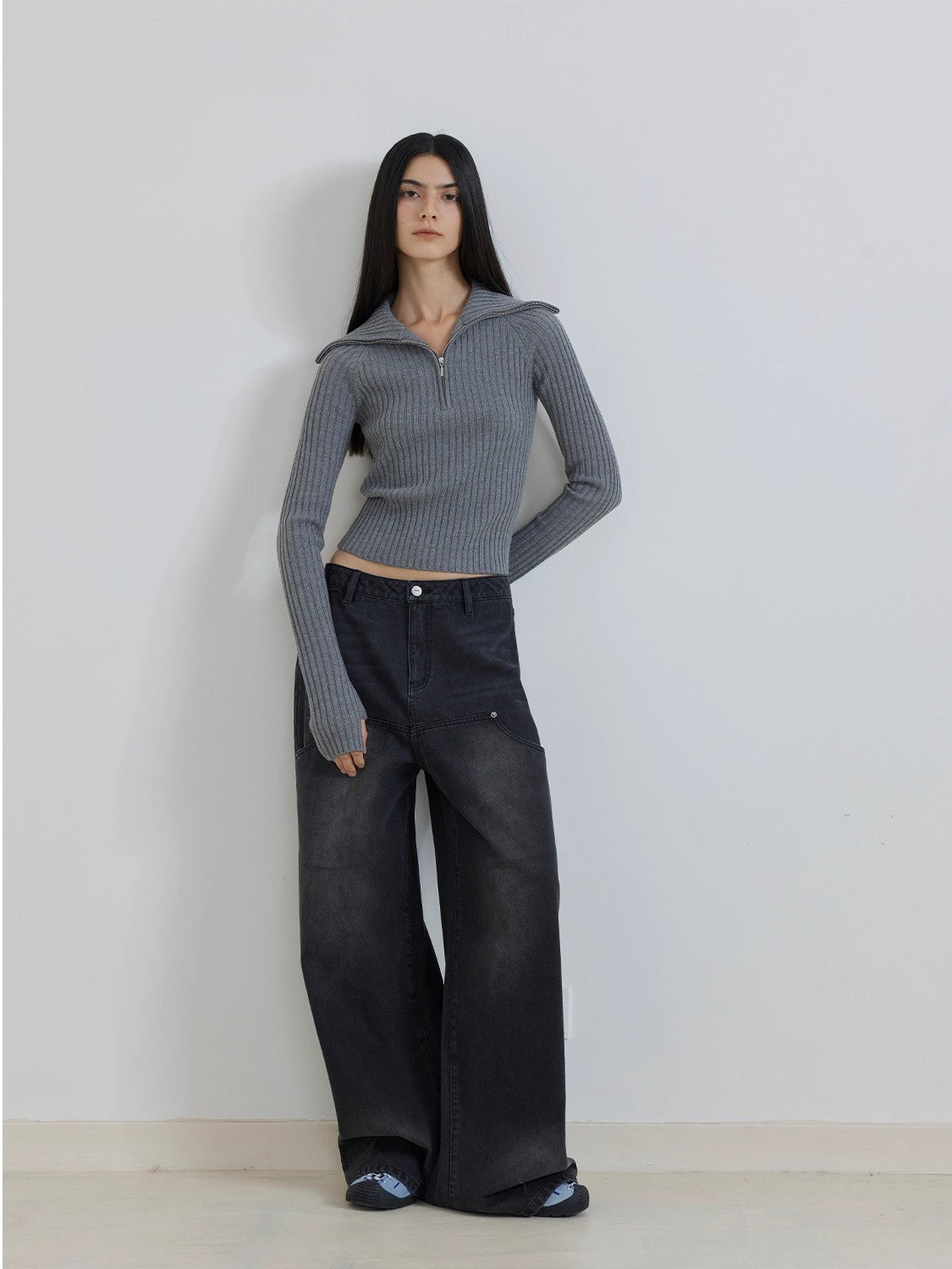 Merino wool stretch ribbed zip-up sweater "Fallen Leaf Street"