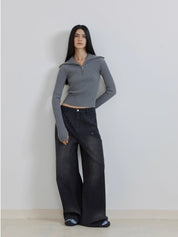 Merino wool stretch ribbed zip-up sweater "Fallen Leaf Street"
